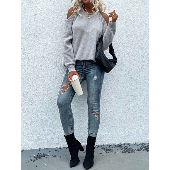 Cold Shoulder cut out knit Sweater gray - Picture 6 of 10